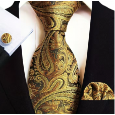 3delige set stropdas manchetknopen pochet goud bruin Paisley